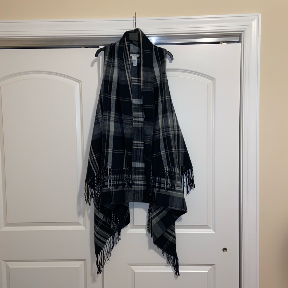 Blue and gray plaid fringe vest